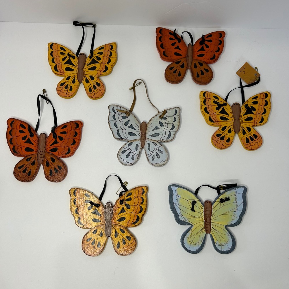 Hand Painted Wooden Butterfly Ornaments Folk Art Multicolor Decor Set of 7